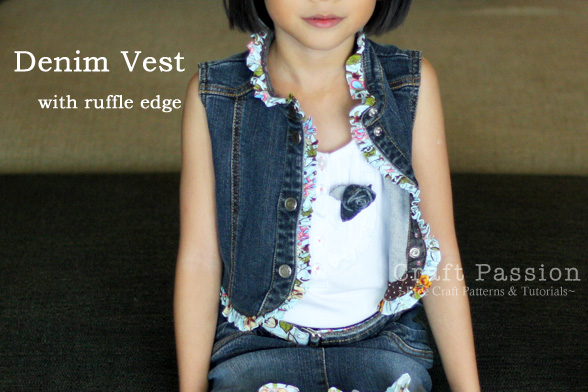 Recycle the top of jeans dress into vest with ruffled edge