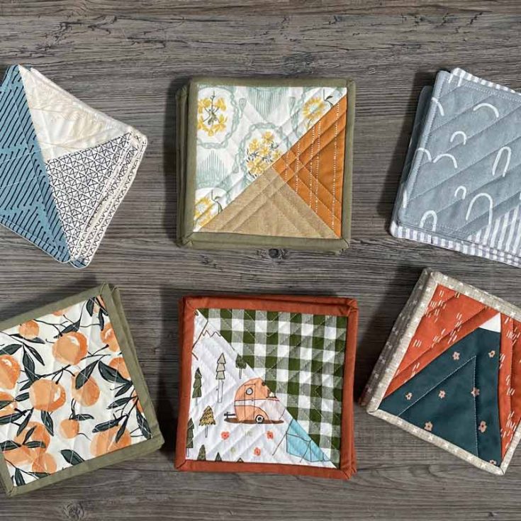 Use your quilt-making experience to craft these coasters easily! Utilize your fabric scraps by turning them into cozy coasters. You can try many layouts just by using half-square triangles, jelly rolls, and many more.