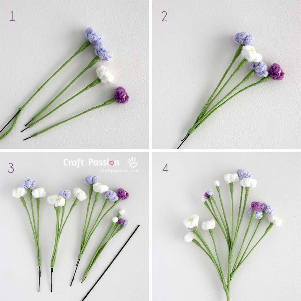 assemble crochet baby breath flowers assembling crochet Baby’s Breath flowers into a stem
