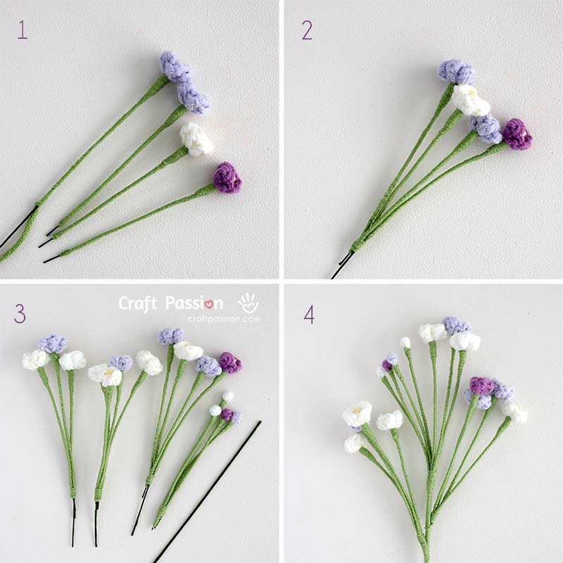 assemble crochet baby breath flowers assembling crochet Baby’s Breath flowers into a stem