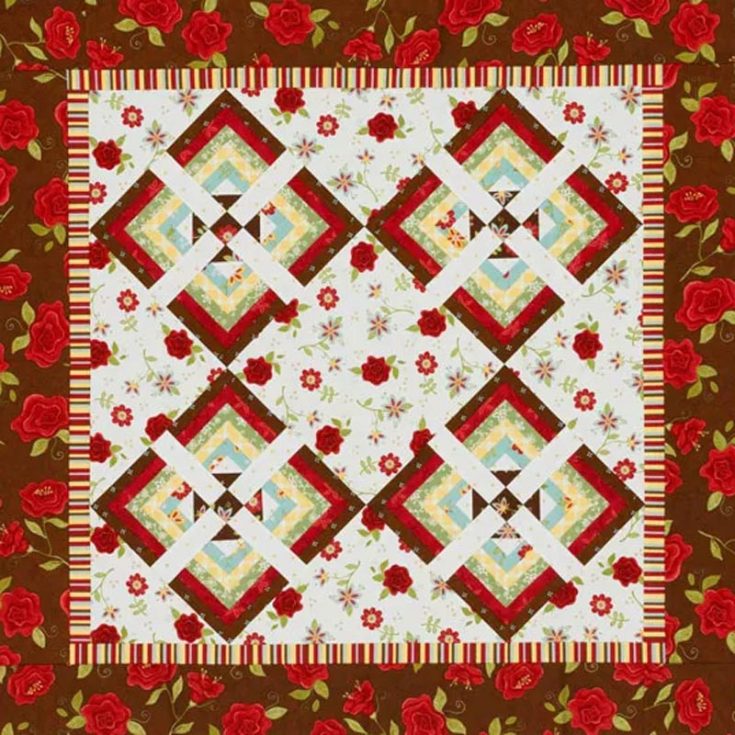 Filled with delicate accent roses, this cabin quilt design is stunning as it is visually pleasing to the eyes. If you love this design just as much as we do, you, too, can quilt this by using romantic florals, stripes, and prints. The finished size is 45 &frac12;&rdquo; x 45 &frac12;&rdquo;.