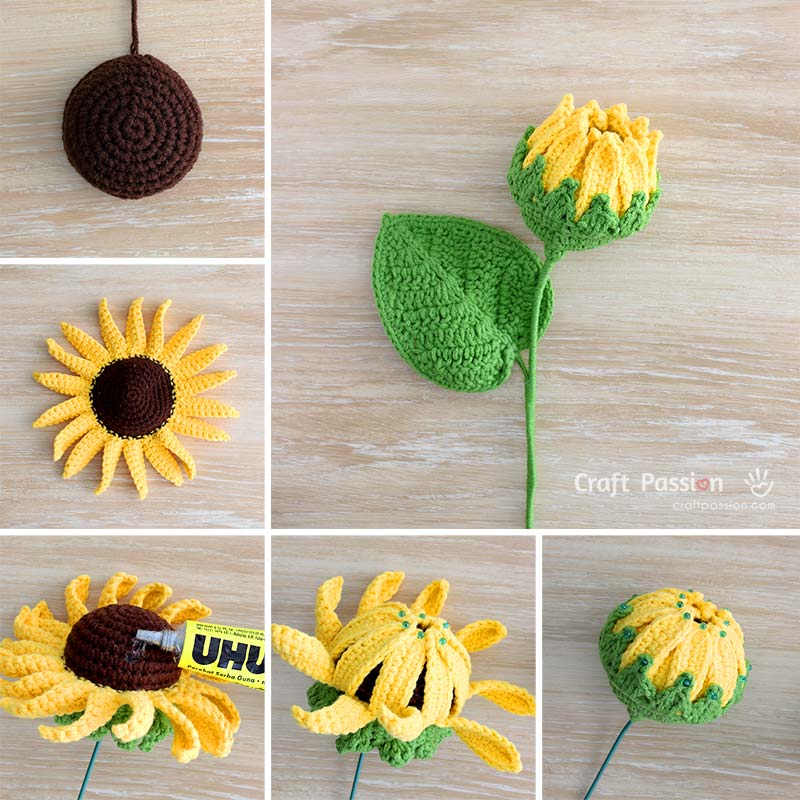 bud crochet sunflower Opening crochet sunflower bud with yellow petals, brown center, and green sepals