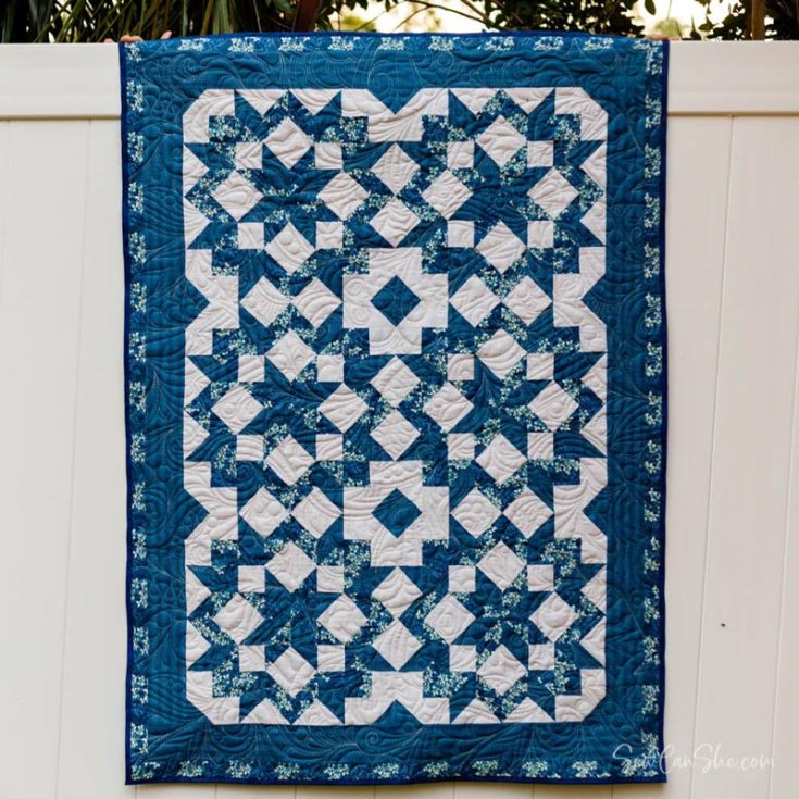 This quilt piece is ideal for intermediate quilters searching for challenging star quilt patterns to try. Isn&rsquo;t she gorgeous? This project will teach you how to make this Carperter&rsquo;s star quilt block and sew it into a throw-sized quilt. This project uses just three yards of fabric for a 41&rdquo; x 57&rdquo; quilt.