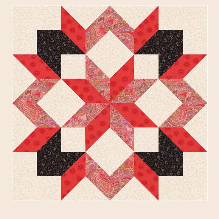 Here's another detailed star quilt block pattern with a star flower as a centerpiece. This Carpenter's star quilt block mainly consists of HSTs and four-patch units only, so don't let this enigmatic pattern design fool you!