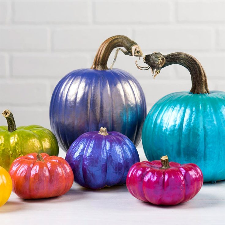 Feature this collection of shimmering gourds on your porch and stand out on a lovely fall or Halloween night. This is one of those ideas for painting small pumpkins that use the color that shifts in changing light.