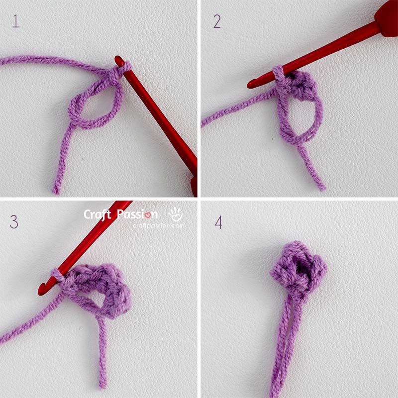 crochet baby breath small flower crocheting a Baby’s Breath flower with purple yarn