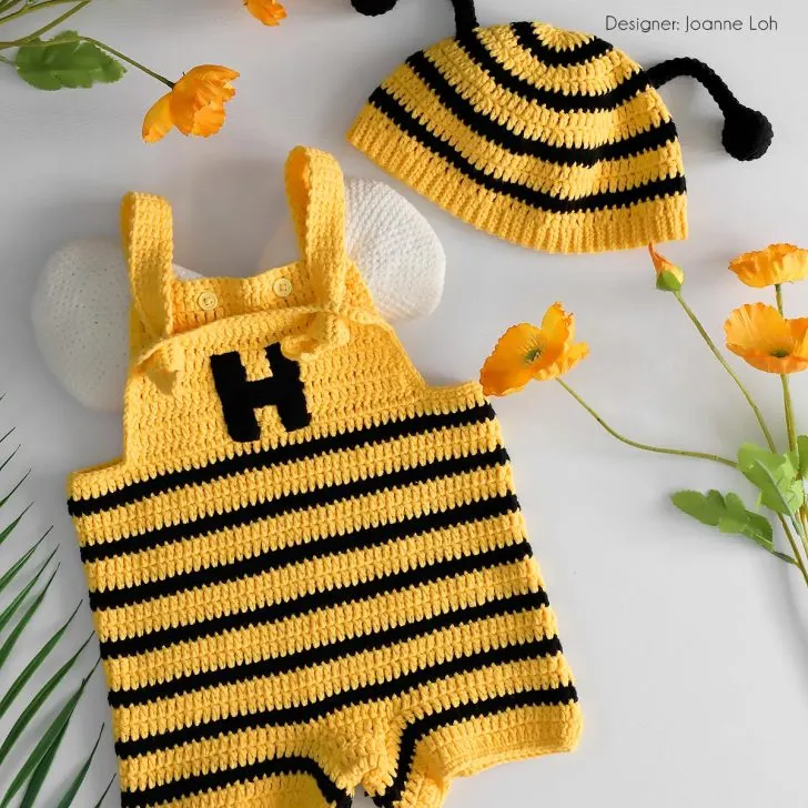 Free crochet bee costume for babies! Includes matching romper, hat & wings with photo tutorials. Fun, beginner-friendly project perfect for gifts & photos!