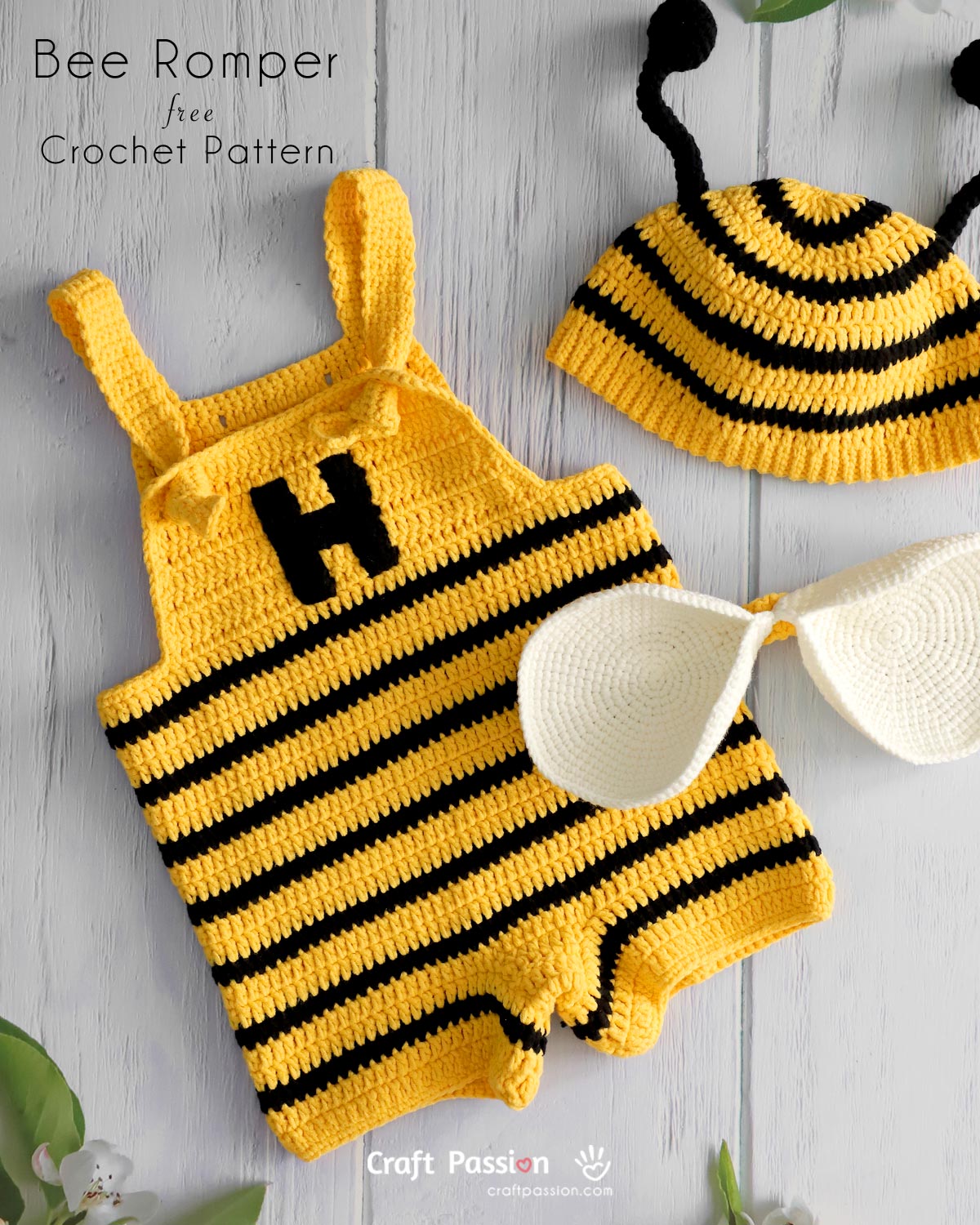 Adorable bee romper crochet pattern for babies! Free crochet pattern with photo tutorial. Part of the bee costume set with matching hat and wings.