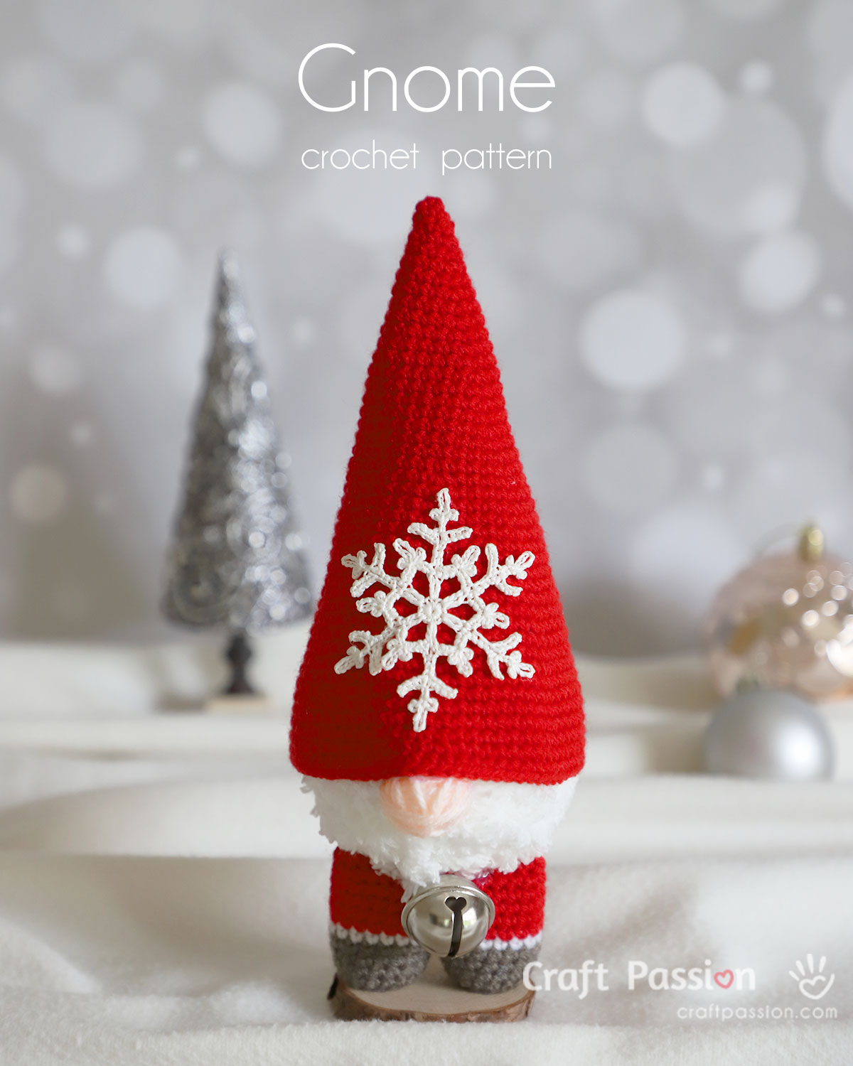 Free pattern of an Amigurumi Crochet Gnome Pattern with a snowflake on the hat. It's beautiful & perfect for your home decor during the holiday season.