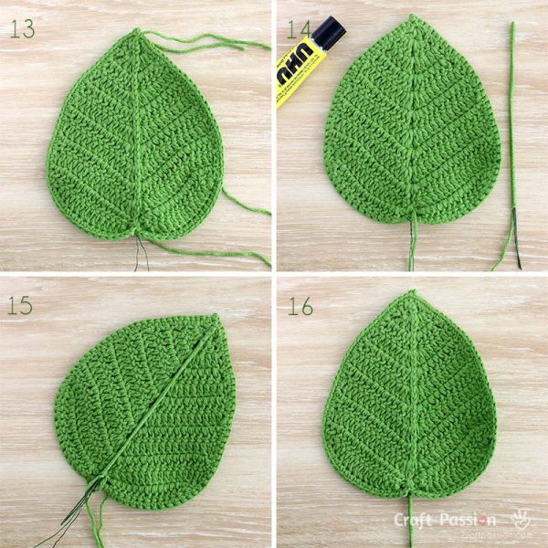 crochet leaf cordate 4 How to add a yarn wrapped wire midrib and stem to a crochet leaf