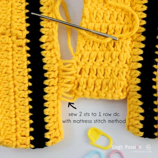 crochet romper leg 3 how to sew mattress stitch to join crochet pieces.