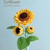 Crochet sunflower pattern with full bloom, half bloom, opening bud, and matching green leaves