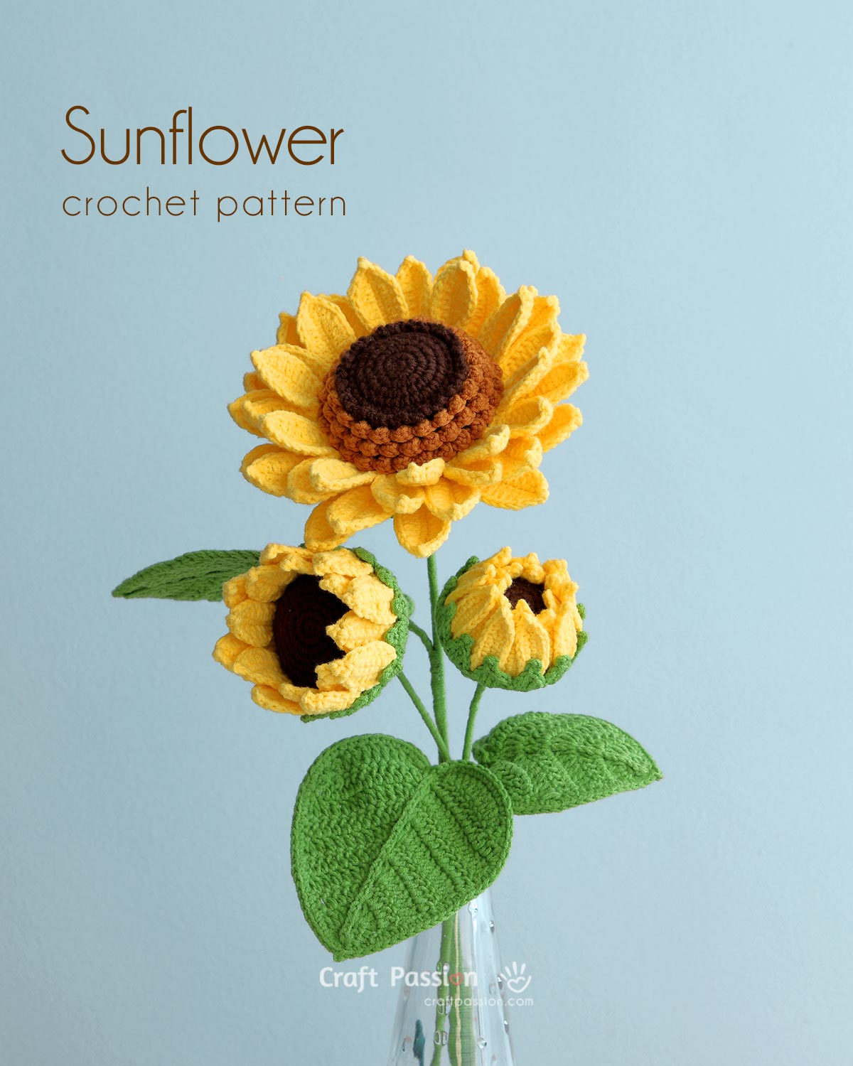 crochet sunflower pattern Crochet sunflower pattern with full bloom, half bloom, opening bud, and matching green leaves