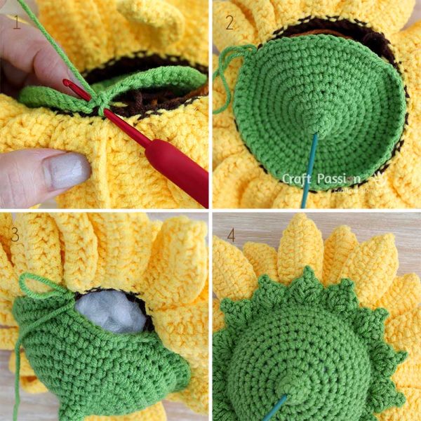 crochet sunflower receptacle How to crochet and attach the sunflower receptacle and green sepals