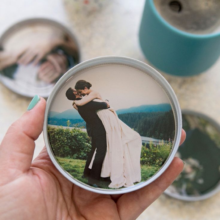 Use jar lids and your favorite photos to create custom coasters. It's a simple project that lets you practically showcase special memories and becomes a unique display of your cherished moments.