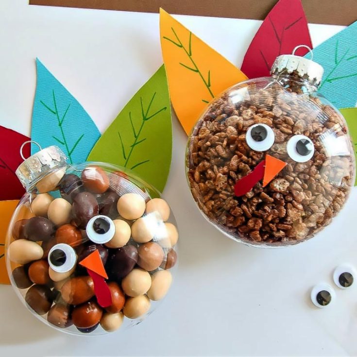 Here's yet another Thanksgiving treat for you! Since this holiday falls just in time for Christmas, grab your empty ornaments and fill them up with your favorite candy or snacks for a fun movie time. Gobble gobble!