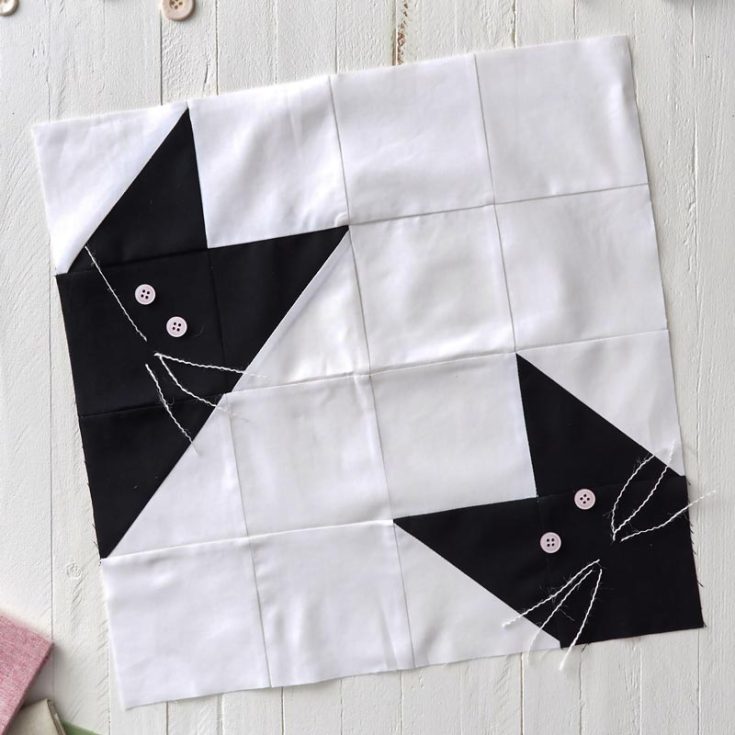 Learn how to make this minimalistic and easy Double Pinwheel and Peeping Cat quilt block pattern by clicking the link below! This design uses a quarter yard of fabric, and each block is made from half-square triangles, HSTs. It&rsquo;s straightforward to piece, and this tutorial will guide you through and through.&nbsp;