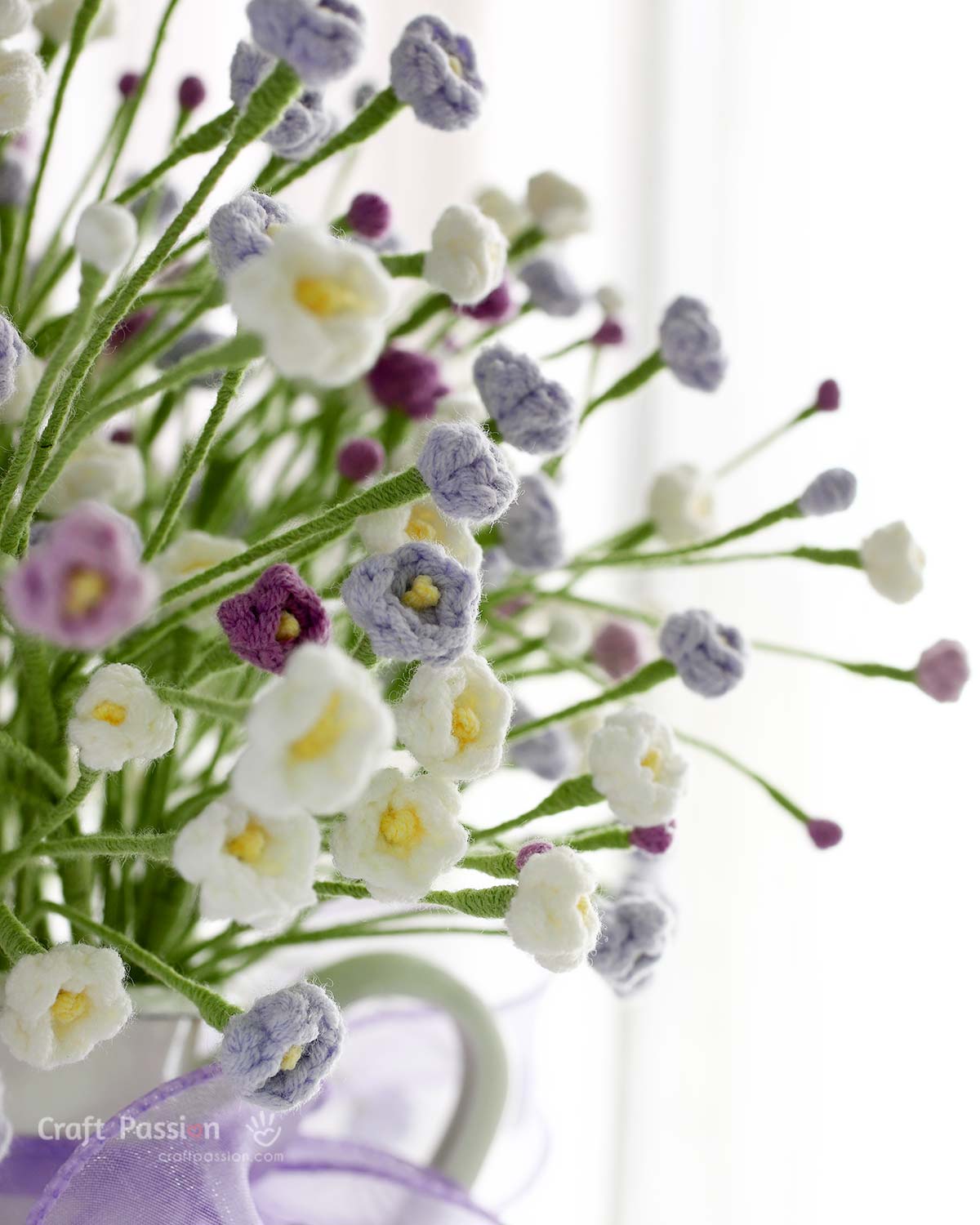 easy baby breath crochet pattern white and purple crochet Baby's Breath flower close up