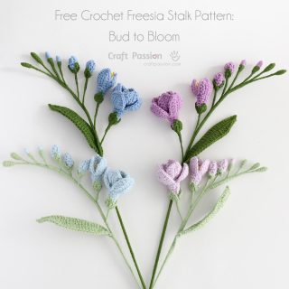 Free crochet freesia flower pattern showing a handmade stalk from bud to full bloom