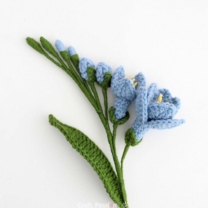Realistic crochet freesia flower pattern with different stages of blooms, a leaf and stem