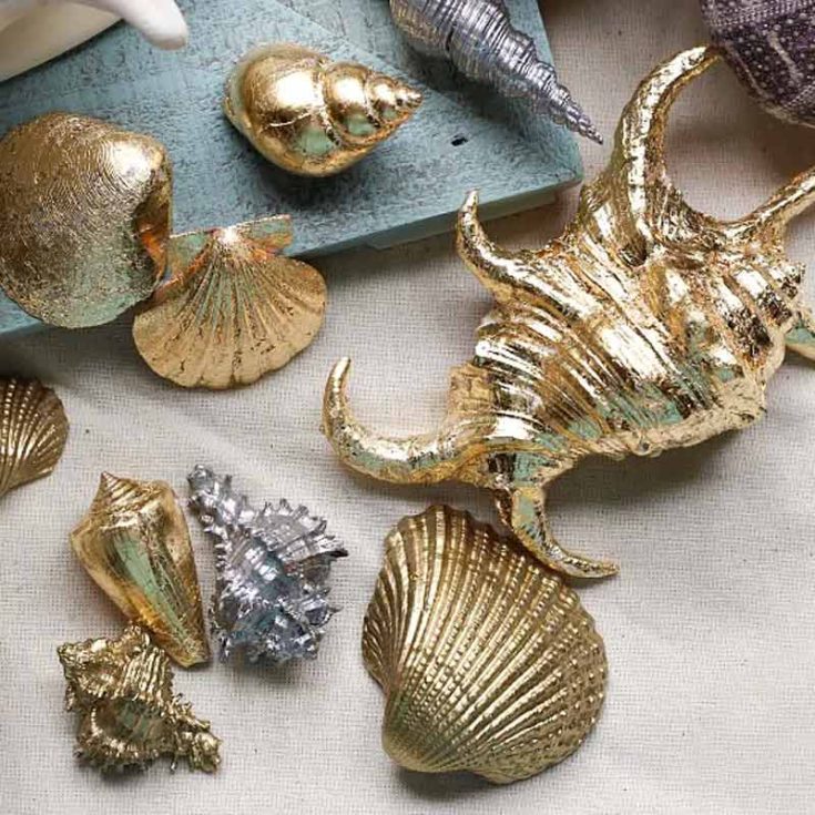Give your seashells a touch of glamor using gold leaf techniques! Experiment with two methods: gold leaf sheets for smooth surfaces, or liquid gilding for a quick, fantastic effect on textured shells. Brush on the gilding for a stunning result that dries quickly, or use gold leaf sheets for a richer finish.