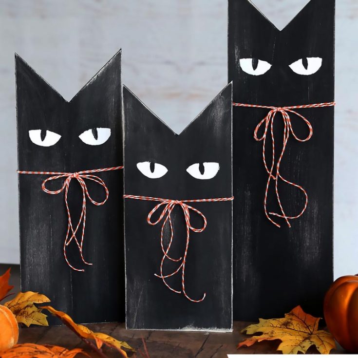 What's Halloween without black kitties? Make a trio of adorable cats for your mantle or front porch. You will need to utilize sharp objects like a saw for the kitty ears, so parents' supervision is required to make these adorable crafts.