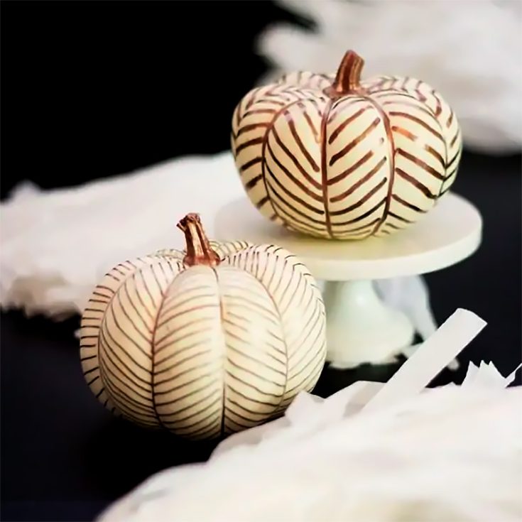 To continue our painted mini pumpkin ideas, here is this classy design. The light-colored pumpkins are accented with a herringbone pattern in a contrasting color. Perfect for the modern farmhouse interior!