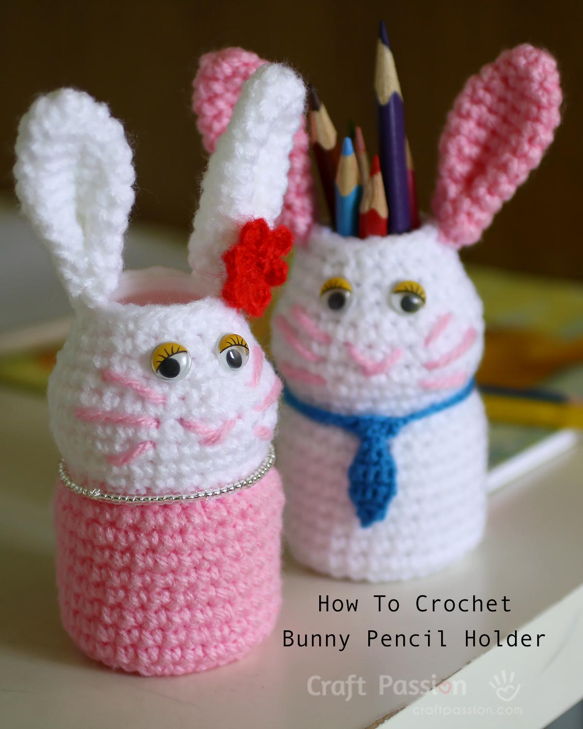 Learn how to crochet pencil holder in a cute bunny design with stashed yarns. You neeed  a drink bottle (I used Vitagen bottle) and google eyes.