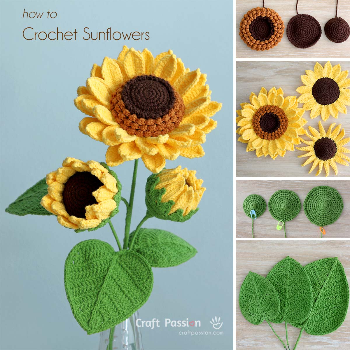how to crochet sunflowers How to crochet sunflowers in three blooming stages with centers, petals, stems, and leaves