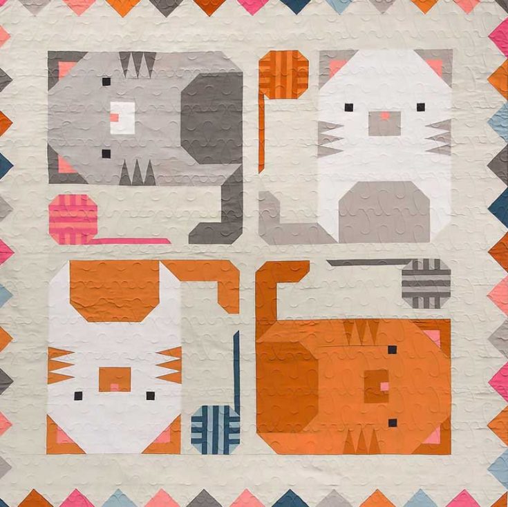 Have a look at this cute kitty quilt that is inexpensive and also uses the conventional piecing technique for the cats and the paper piecing method for the kitty&rsquo;s whiskers. It&rsquo;s an intermediate-level project and measures approximately 48 &frac12;&rdquo; x 48 &frac12;&rdquo;.&nbsp;