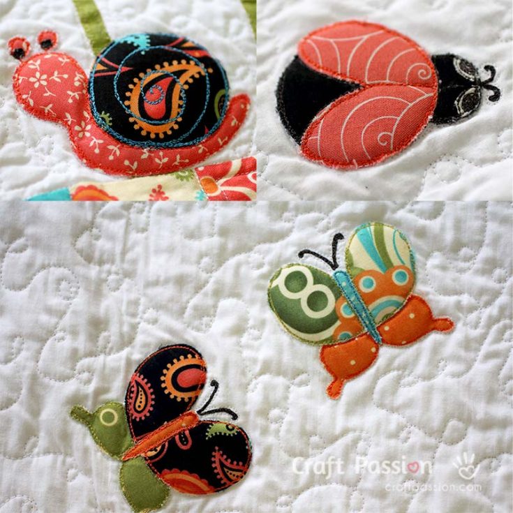 We have some small and lively creatures hiding in the appliqu&eacute; patterns in our Secret Garden. These patterns involve stacking up different parts to create the design. For instance, to make a butterfly, the hind wings are placed at the bottom, followed by the fore wings and the body on top.