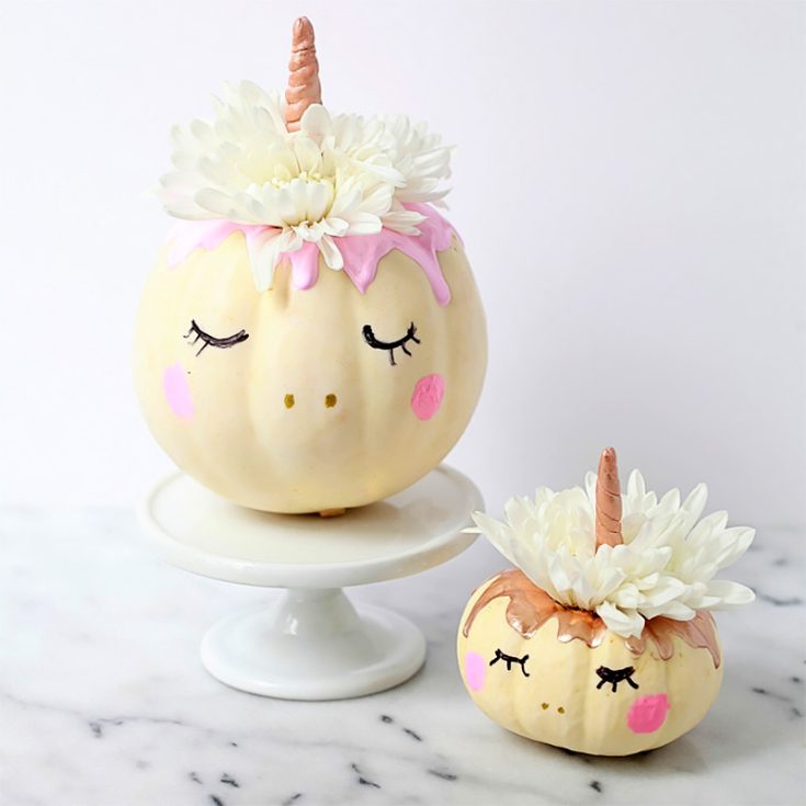 Another pretty pumpkin design would be this lovely unicorn pumpkin! Make them in big or small pumpkins and add flowers on their 'horns' as a lovely touch.