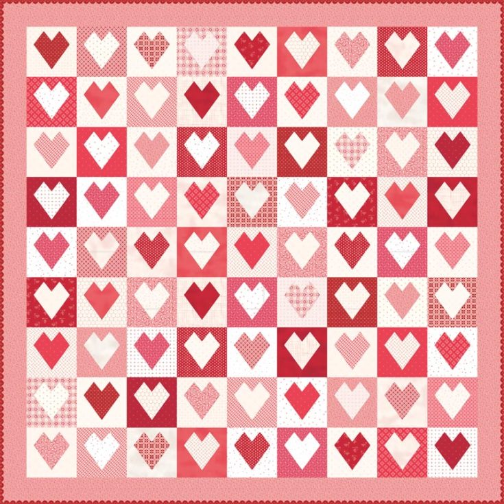 Isn&rsquo;t this heart quilt just stunning? It&rsquo;s so simple, yet it looks gorgeous. It&rsquo;s a beginner design that mixes and matches fabric prints, so if you want to use up big scraps, try this pattern. The size is approximately 70&rdquo; x 70&rdquo;.&nbsp;