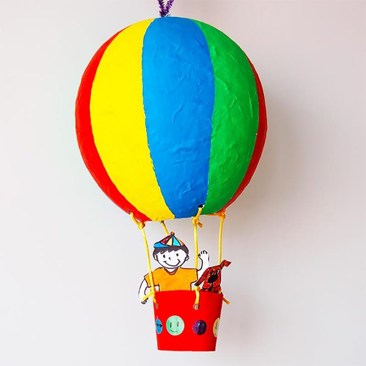 Hot air balloons are great easy paper mache ideas for kids! They are colorful and can easily be personalized for a group of kids in a class.