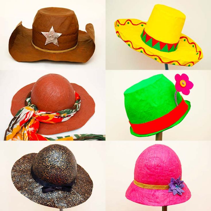 Learn how your kids can make their own hats to dress up for playtime. There are 6 hat designs in the tutorial, such as sheriff hats, sombreros, clown hats, and more!