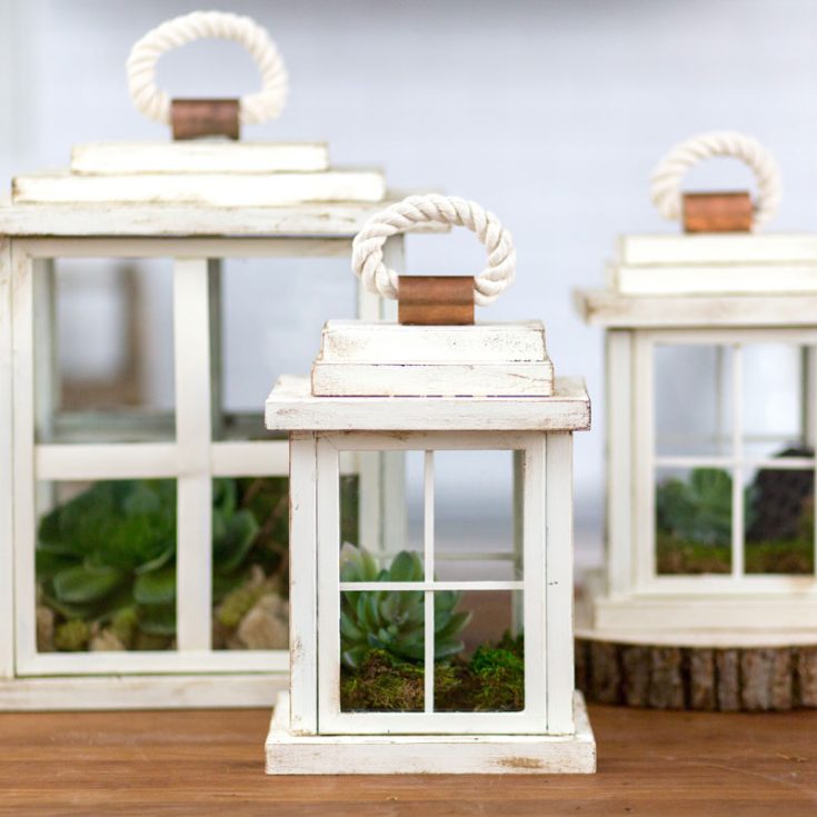 For less than $10, you can illuminate your garden or balcony with your very own decorative lanterns using picture frames. Once the frames are dry from white chalk paint, you can either leave as is or lightly sand and stain the edges for a distressed look to achieve that rustic charm.