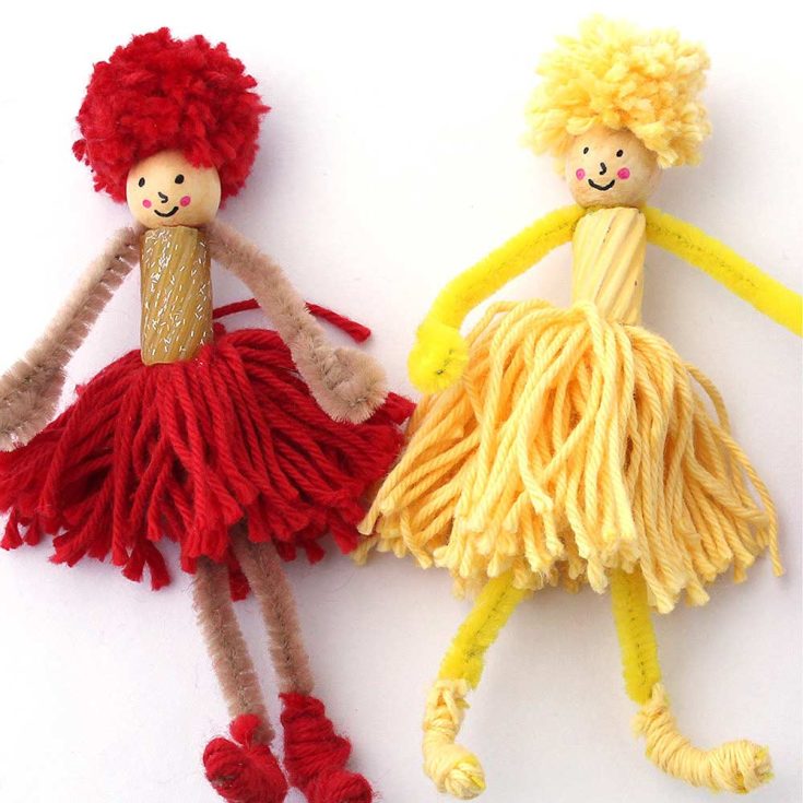 These adorable pipe cleaner dolls are the perfect addition to your dollhouse! You could even turn them into fairies with the addition of a pair of felt wings glued to the back. All you need are some wooden beads for their heads and some yarn to craft their skirts and hair.