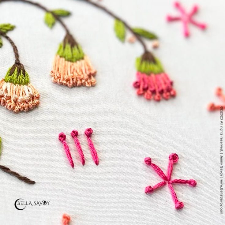 The pistil stitch is an elongated French knot that is commonly used to embroider flowers. This is because this stitch that is a combination of a straight stitch and a French knot looks like the pistil of a flower.