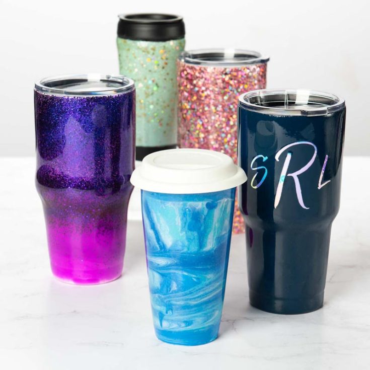 Decorate your favorite tumbler using resin. Add monograms, shapes, and glitter to stand out for your morning coffee.