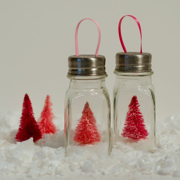 Did someone say salt shaker? If you have empty salt/pepper shaker bottles don't throw them out! You can repurpose them into ornaments that are so adorable! Just be careful not to drop them!