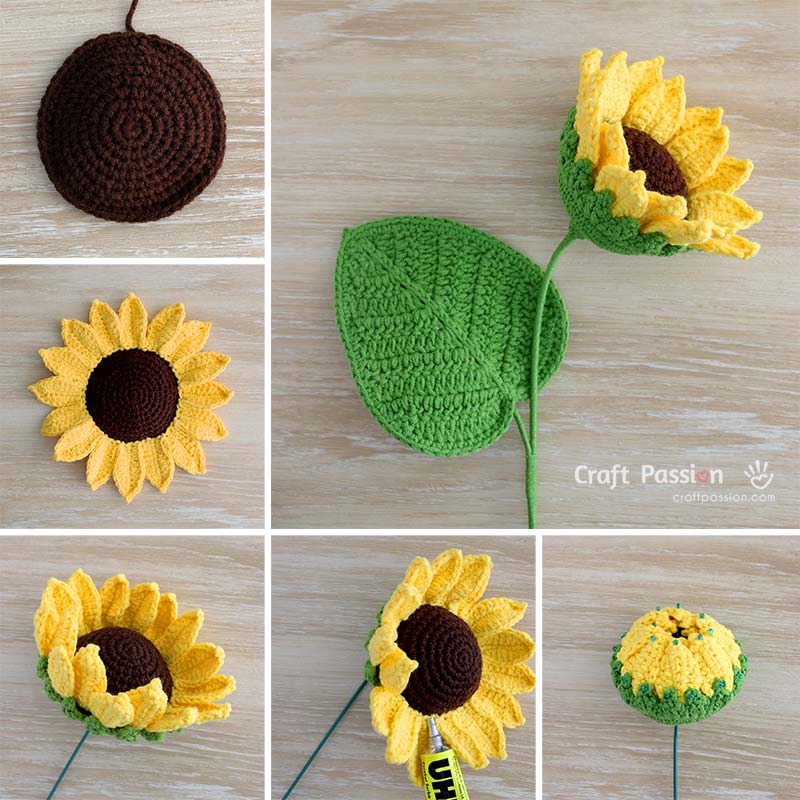 semi bloom crochet sunflower Half-bloom crochet sunflower with curved yellow petals and green sepals
