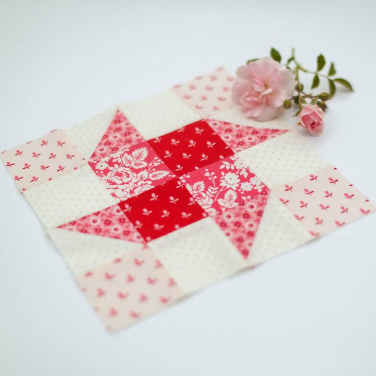 This Spinner's block from Bunny Hill Designs is easy yet unique with its four-pointer spinner and four colored edge pieces. It features a four-patch center and a few HSTs.