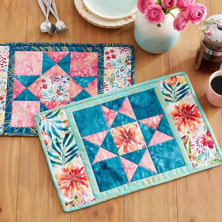 If you&rsquo;re seeking practical star quilt patterns as home decor, you can try making this piece to elevate your dining experience. The star table placemats feature a gorgeously framed star block with floral rectangles, guiding you to place your plates and silverware on it. Add a touch of handmade charm and decorative flair to your meals with this pattern today! The finished size is 12 &frac12;&rdquo; x 19 &frac12;&rdquo;.