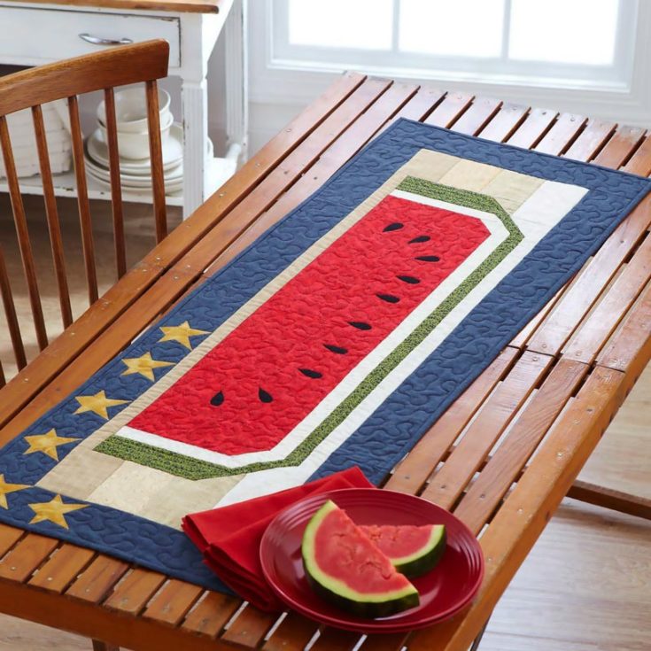 Check out this refreshing and lovely quilt runner that embraces the best of summer! This watermelon design adds a fun pop of color that contrasts the background color of the runner, and it's effortless to make. Give it a shot! Table runner size: 51 &frac12;" x 18 &frac12;"