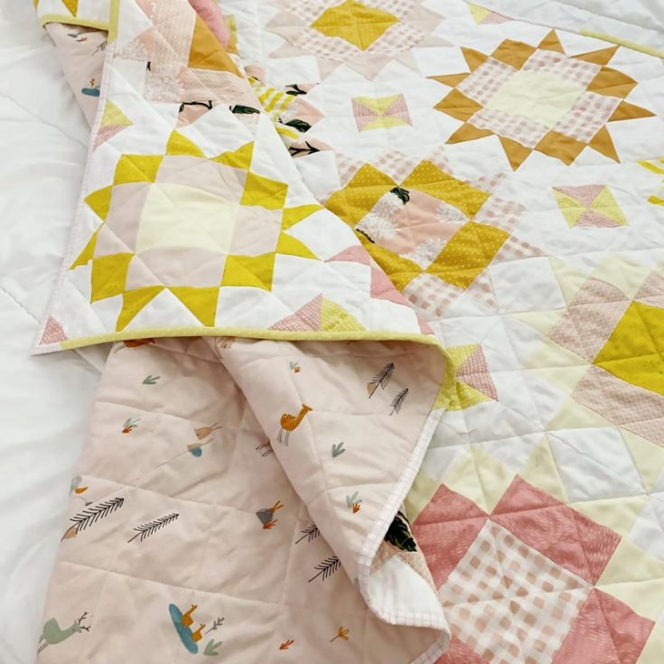 Perfect for summertime or spring, this inexpensive State Avenue Quilt is so calming to the eyes and features soft and warm colors with a minimalistic design. However, this advanced beginner quilt uses half-square triangles with simple piecing methods. This pattern also comes in four available sizes.