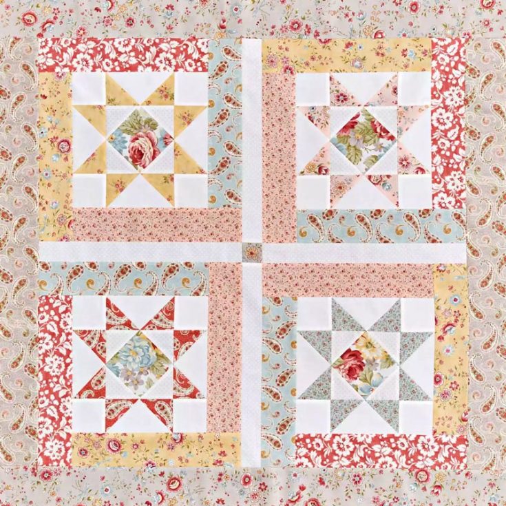 Composed of four star quilt blocks and pastel floral sparkles, this easy-to-make quilt is perfect for welcoming a newborn baby into the family. Featuring a lovely star pattern with soft, soothing colors, this quilt is a delight to make as it is comforting to be wrapped in. Ideal for quilters of all skill levels, the finished size of this baby quilt is 37&rdquo; x 37&rdquo;.