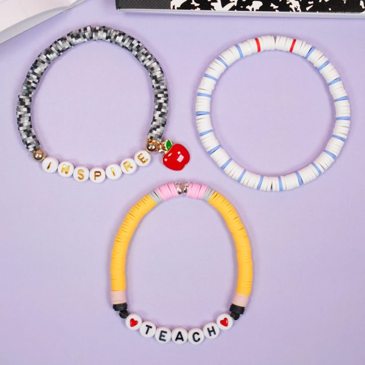 Here are some fun clay bead bracelet ideas to craft for your teachers during Teacher&rsquo;s Day. This DIY Teacher bracelet set that looks like pencils and notebooks with inspiring words will surely delight your teachers and show your appreciation to your favorite mentor.