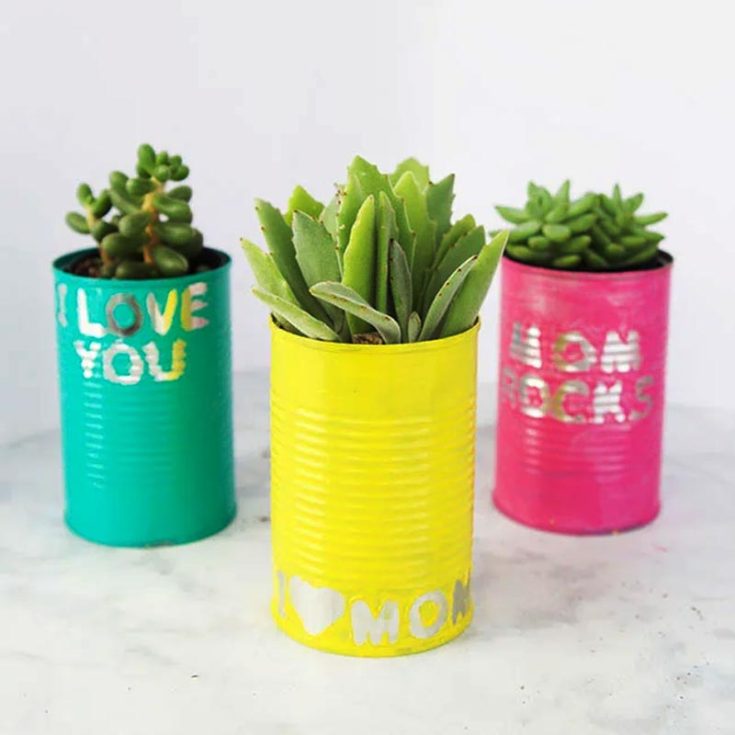 Tin cans are also a great material to upcycle into beautiful crafts for Mother&rsquo;s Day. Take a look at this one for size! All you need are some paint, stickers for accessorizing, and some succulents or indoor plants that will have your Mom gushing at how cute this is.