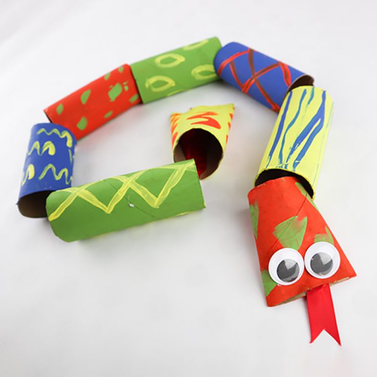 Let your child get creative with this snake made out of toilet paper tubes! Feel free to let them paint as many different patterns as they want onto the cardboard tubes and connect them using strings. Add some googly eyes and a forked tongue cut out of paper, and there you have a super cool snake!