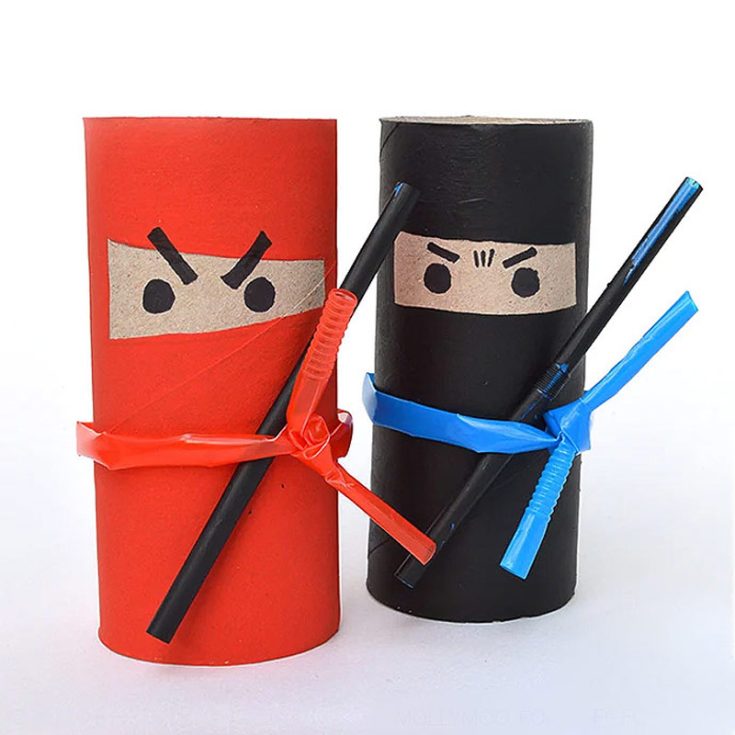 These little ninjas would make a fun afternoon craft or for a ninja-themed party! Customize their ninja suits with your favorite colors and give them cute, scary, or angry faces. Used Colored straws to fashion their belts and katanas.